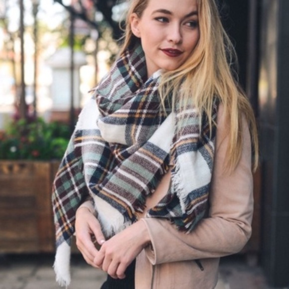 Brown Mint Tartan Plaid Blanket Scarf - Picture 3 of 4